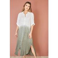 Yumi Women's White Italian Linen Hand Dip Dyed Midi Shirt Dress With Turn Up Sleeves | Size: S/M