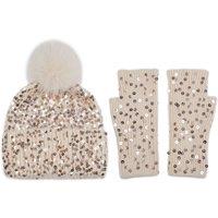 PEACH ACCESSORIES Women's Sequin Balaclava Pompom Hat & Gloves Set in Beige