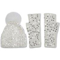PEACH ACCESSORIES Women's Sequin Balaclava Pompom Hat & Gloves Set in Cream