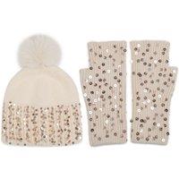 PEACH ACCESSORIES Women's Glam Glitter Winter Pompom Hat & Gloves Set in Beige