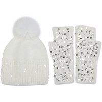PEACH ACCESSORIES Women's Glam Glitter Winter Pompom Hat & Gloves Set in Cream