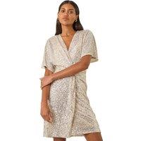 Roman Women's Sequin Twist Front Stretch Dress in Silver | Size: 18