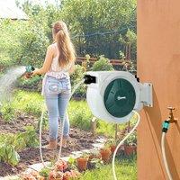 OUTSUNNY Retractable Hose Reel Wall Mounted with Lock, Light Grey in Green