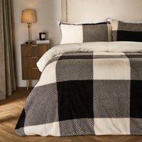 OHS Gingham Teddy Fleece Duvet Cover Pillowcase Check Bedding Set in Black | Size: King