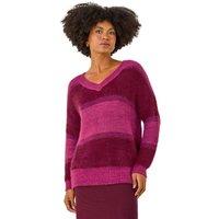 Roman Women's V-Neck Stripe Knit Jumper in Magenta | Size: 16