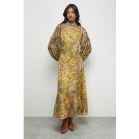 Warehouse Women's Paisley Burnout Spot High Neck Godet Midi Dress in Mustard | Size: 8