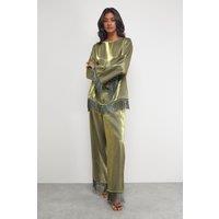 Warehouse Women's Satin Fringe Hem High Waisted Trouser in Dark Olive | Size: 10