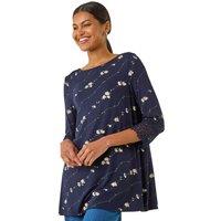 Roman Women's Printed Lace Cuff Stretch Top in Navy | Size: 20