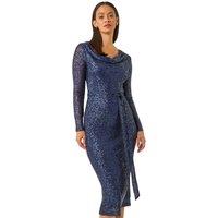 Dusk Women's Sequin Cowl Neck Pencil Stretch Dress in Navy | Size: 16