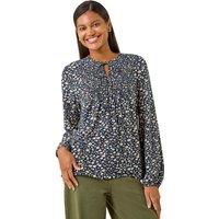 Roman Women's Printed Shirred Tie Neck Top in Navy | Size: 20