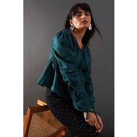 Warehouse Women's Cotton Tie Front Volume Sleeve Blouse in Dark Green | Size: 10