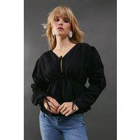 Warehouse Women's Cotton Tie Front Volume Sleeve Blouse in Black | Size: 8