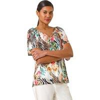 Roman Women's Animal Floral Notch Neck Top in Coral | Size: 18