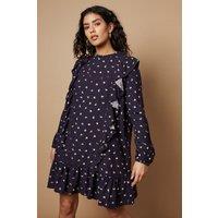Oasis Women's Petite Ditsy Printed Ruffle Lace Trim Mini Dress in Navy | Size: 12