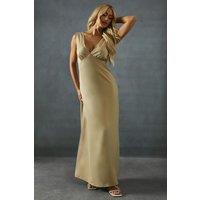 MissPap Women's Satin Lace Trim Tie Detail Maxi Dress in Champagne | Size: 10