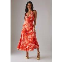 Warehouse Women's Tie Dye Chiffon Bias Low Back Halter Midi Dress in Orange | Size: 14
