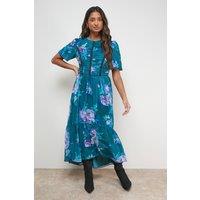 Oasis Women's Printed Ruched Bodice Trim Detail High Low Hem Midi Dress | Size: 8