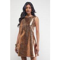 Warehouse Women's Metallic Faux Reptile Leather Sleeveless Mini Dress in Bronze | Size: 10