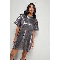 Warehouse Women's Metallic Faux Reptile Leather T-Shirt Mini Dress in Chocolate | Size: 14