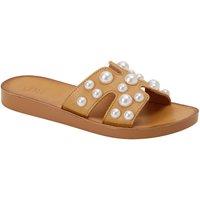 MODISHION Women's Pearl Embellished Slide Sandals in Camel | Size: 5.5