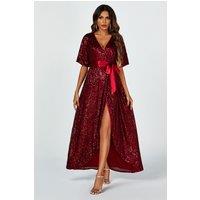 FS Collection Women's Wrap Style Sequin Maxi Dress in Wine | Size: Large