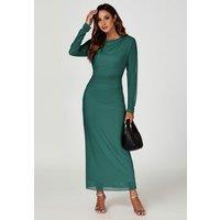 FS Collection Women's Ruched Mesh Long Sleeve Midi Dress in Green | Size: Medium