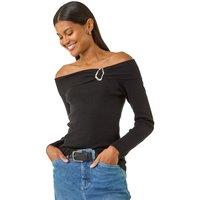 Roman Women's Bardot Hardware Knit Jumper in Black | Size: 14