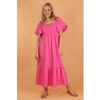 Sarta Women's Cotton Milkmaid Shirred Maxi Dress Bell Sleeves - Pink | Size: 12-14