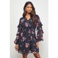 Oasis Women's Printed Lace Detail Frill Sleeve Mini Dress | Size: 16