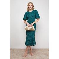 Oasis Women's Lace Trim Detail Puff Sleeve Peplum Midi Dress in Green | Size: 12