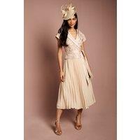 Coast Women's Lace Wrap Top Pleat Tux Midi Dress in Champagne | Size: 10