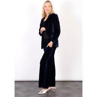 Sarta Women's Velvet Wide Leg Trousers in Navy Blue | Size: Large