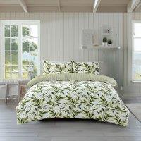 Snug City Duvet Cover & Pillowcase Set Reversible Leaf & Stripe Design Polycotton Bed Linen in Green | Size: Super King