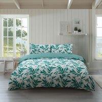 Snug City Duvet Cover & Pillowcase Set Reversible Leaf & Stripe Design Polycotton Bed Linen in Teal | Size: Single
