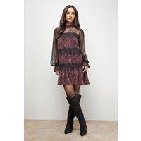 Oasis Women's Printed Lace Tiered High Neck Balloon Sleeve Mini Dress | Size: 10