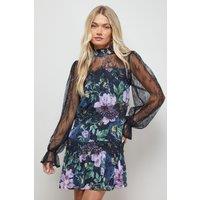 Oasis Women's Printed Lace Tiered High Neck Balloon Sleeve Mini Dress in Floral | Size: 10