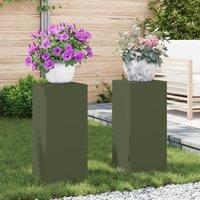 Berkfield Home Outdoor Plant Stands Pillar 2 pcs Olive Green 24x24x55 cm Steel | Size: 24 x 24 x 55 cm