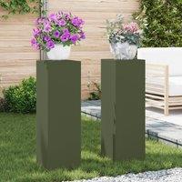 Berkfield Home Outdoor Plant Stands Pillar 2 pcs Olive Green 24x24x75 cm Steel | Size: 24 x 24 x 75 cm
