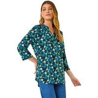 Roman Women's Abstract V-Neck Stretch Top in Teal | Size: 14