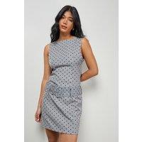 Warehouse Women's Flock Polka Dot Self Belt Mini Dress in Grey | Size: 12