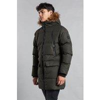 Tokyo Laundry Men's Padded Longline Coat with Faux Fur Hood in Khaki | Size: Large