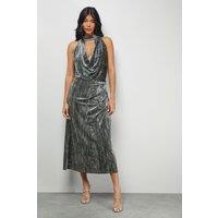 Warehouse Women's Metallic Velvet Halter Cowl Neck Midi Dress in Olive | Size: 16