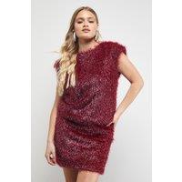 Warehouse Women's Tinsel Fluffy Drop Waist Mini Dress in Dark Red | Size: 12