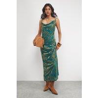 Warehouse Women's Devore Twist Cowl Neck Bias Midi Slip Dress in Green | Size: 12