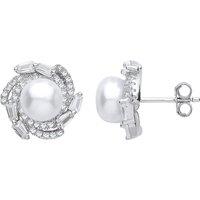 Jewelco London Women's Silver Baguette CZ Pearl Full Moon Whirlpool Stud Earrings 7mm
