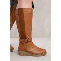 Where's That From Women's 'Ayleen' Wide Calf Wedge Heel Knee High Boots With Elastic Panel in Tan | Size: 4E