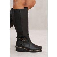 Where's That From Women's 'Jacinta' Wedge Heel Knee High Boots With Elastic Panel in Black | Size: 6