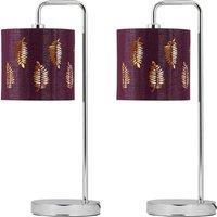 First Choice Lighting Set of 2 Chrome Arched Table Lamps with Burgundy Fern Cut Out Shades in Silver