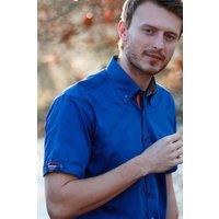 CLAUDIO LUGLI Men's Classic Satin Cotton Short Sleeve Shirt Pegasus Edition in Blue | Size: XL