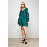 Oasis Women's Lace Trim Gathered V Neck Mini Dress in Forest | Size: 10